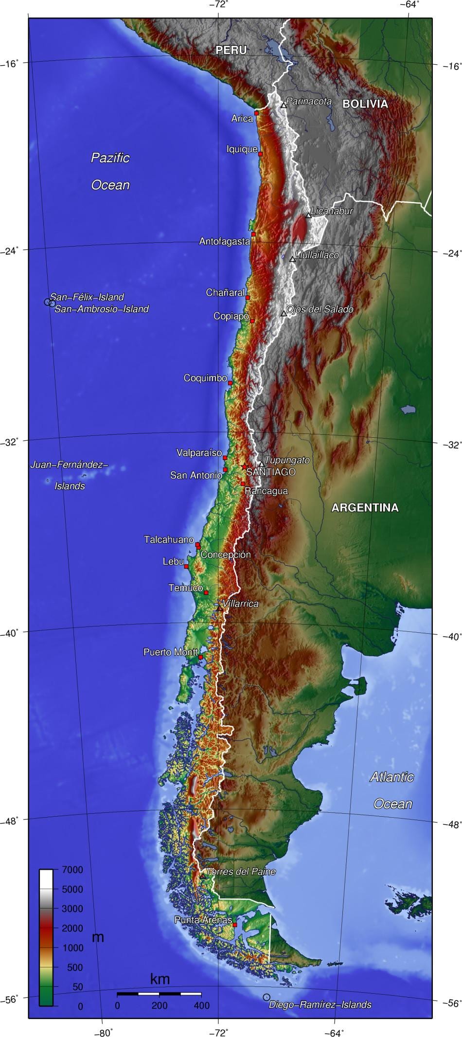 a les muntanyes de Xile mapa